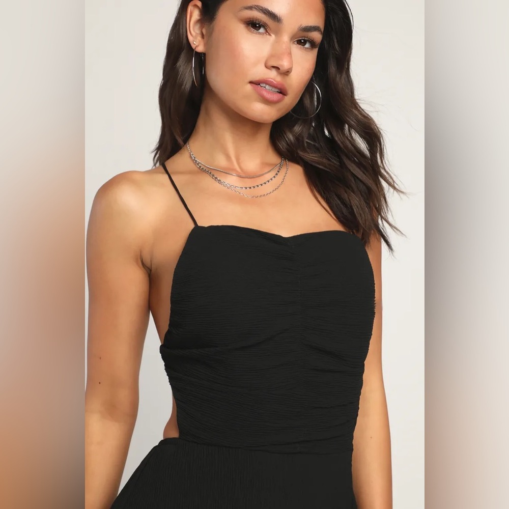 View From the Top Black Plisse Sleeveless Lace-Up Midi Dress